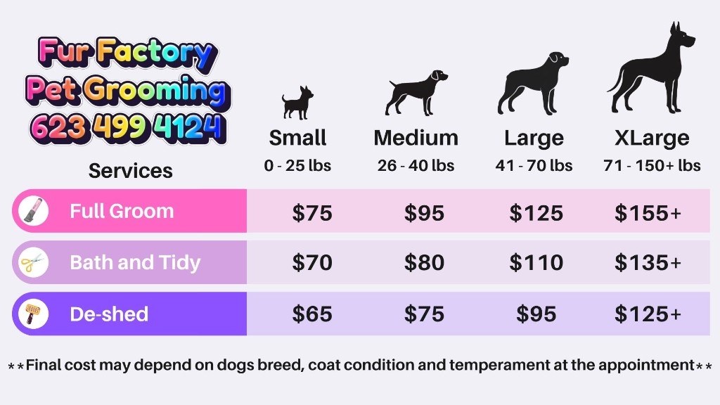 Fur Factory Pet Grooming services pricing by dog size: Full Groom, Bath and Tidy, and De-shed for Small through XLarge dogs